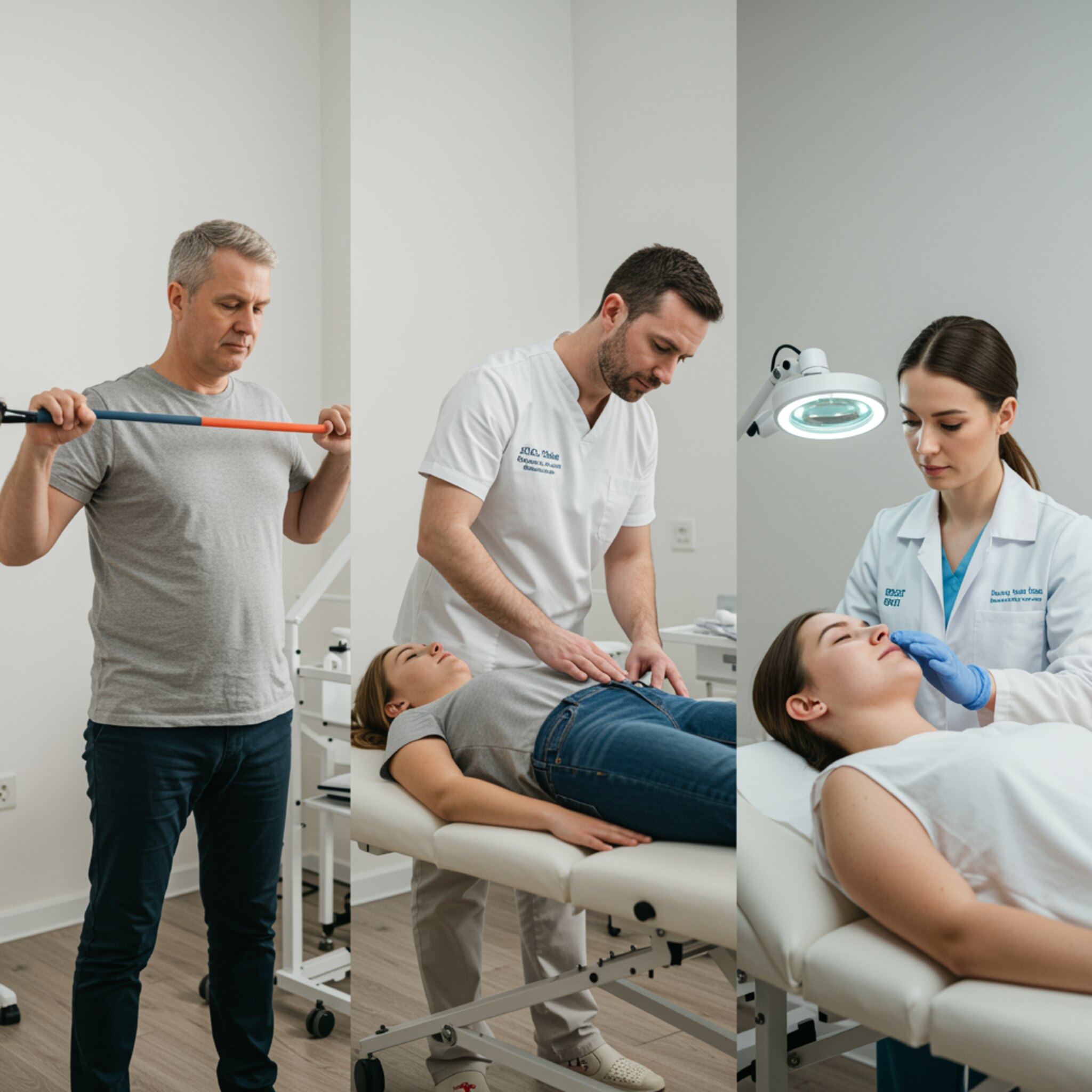 "Collage fotográfico de servicios médicos: fisioterapia, osteopatía y dermatología, con profesionales atendiendo a pacientes en un entorno moderno y luminoso."